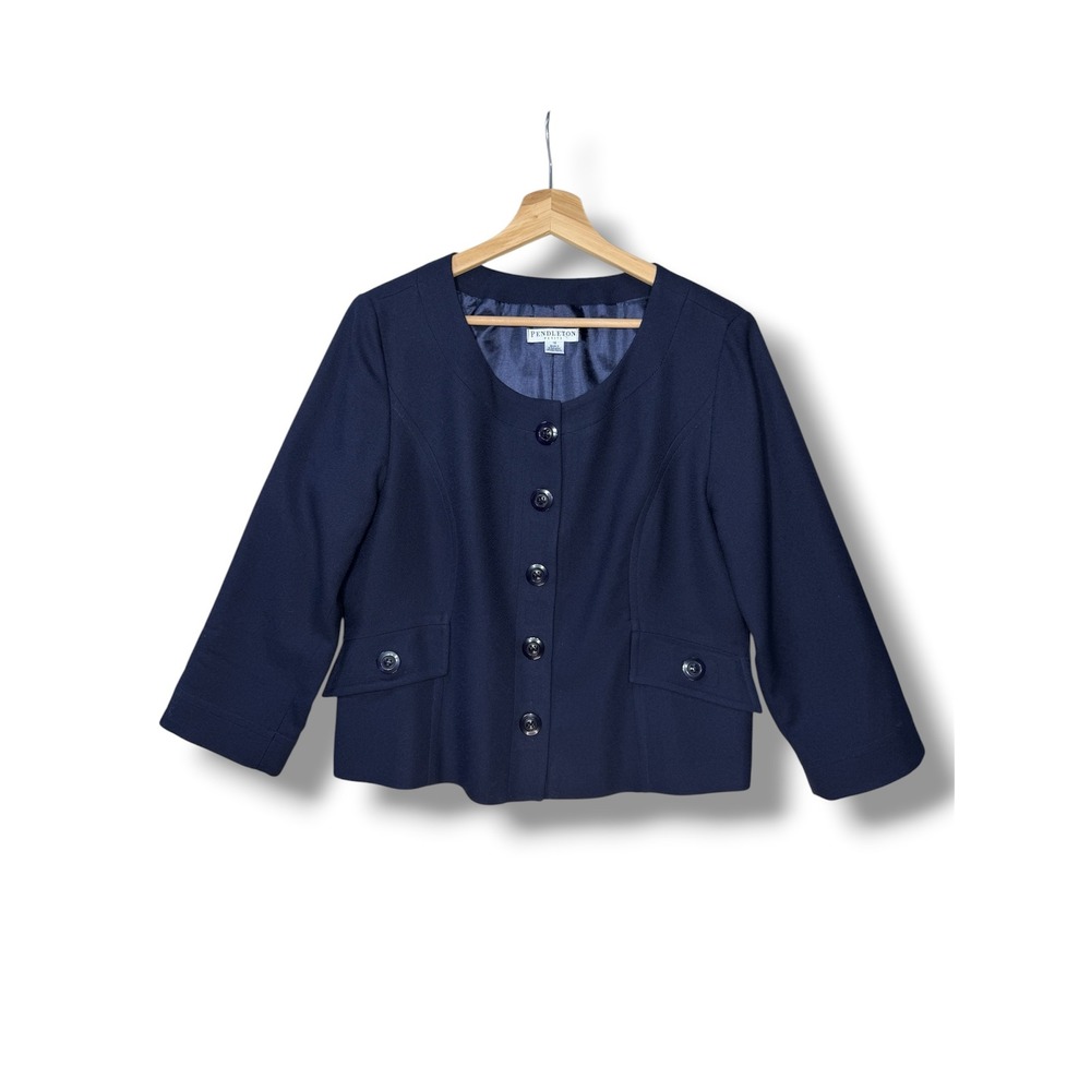Pendleton Petite Navy Blue 100% Virgin Wool Collarless Button Front Blazer‎ 16P